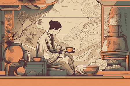 中国特色茶艺中国传统茶道插画