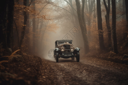 一辆古董车驶过森林背景图片