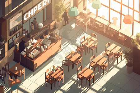 美味食堂早餐咖啡厅，等距视图，阳光明媚，全天早餐菜单，自然采光。，高清插画