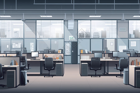 现代化办公桌面整洁的办公室插画