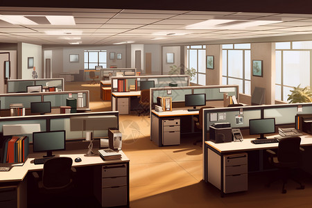 现代化办公桌面一个现代化的办公室插画
