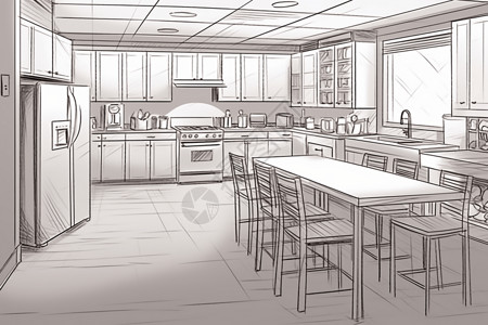 黑白餐厅厨房绘画插图插画