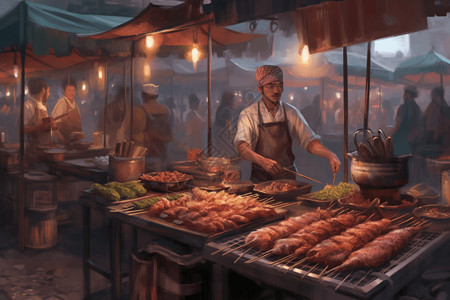 一个街头小贩准备各种肉类和蔬菜图片