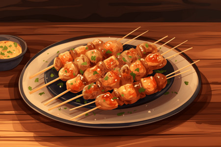 木筷子木桌上的一盘烧烤串插画