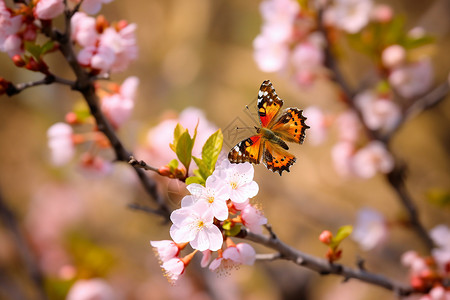 桃花枝上的花蝴蝶高清图片