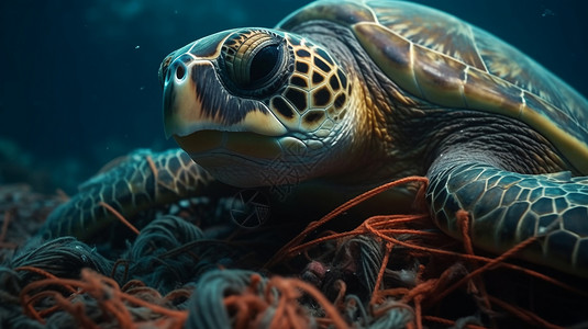 海龟被编织网缠住背景图片