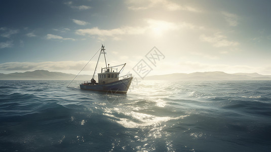 休闲渔业在海面上行驶的渔船设计图片