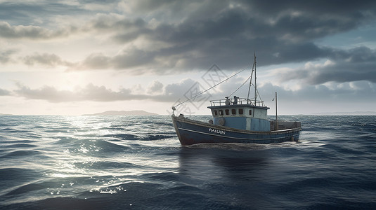 渔业养殖海面上的一艘渔船设计图片