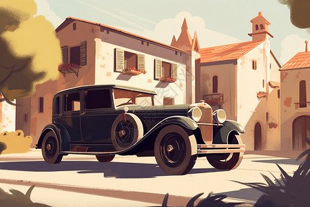 汽车历史停在教堂前的古董车插画