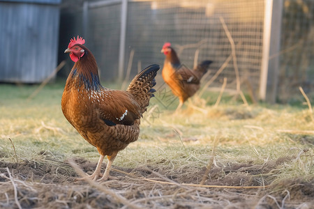 野鸡用干草筑巢小农场的鸡背景