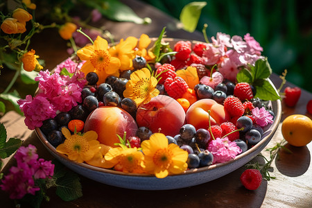 碗里有水果和花背景图片