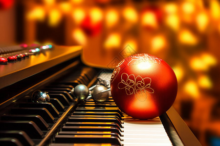 钢琴上放一个圣诞球高清图片