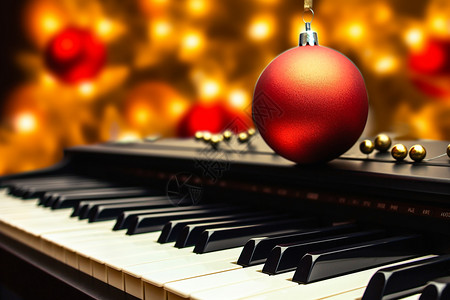 钢琴上的圣诞球背景图片