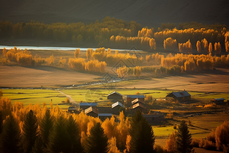 新疆村庄的自然景观背景图片