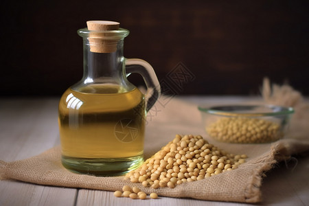 桌子上的大豆和大豆油背景图片