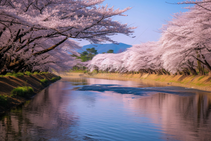 河流两岸的樱花树图片