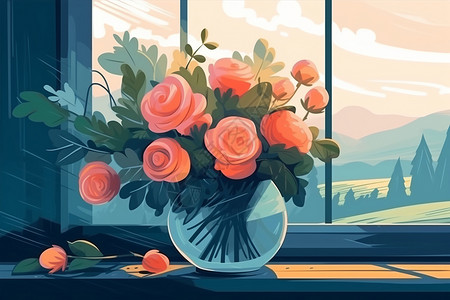 蓝色花瓶里的玫瑰花背景图片