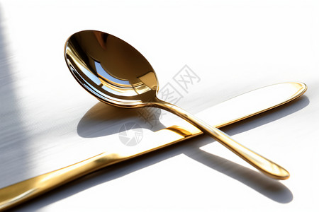 餐叉金色钢制金黄色的勺子背景