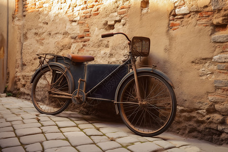 古董自行车老式自行车靠墙背景