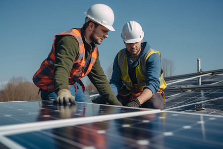 太阳能电池板的安装工人图片
