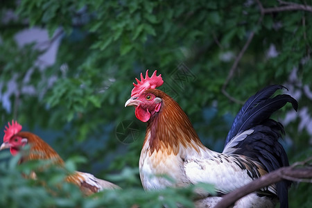 生态鸡山林里放养的鸡背景