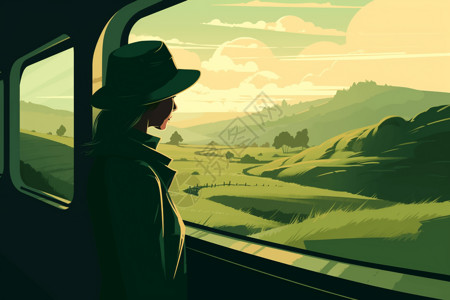 窗口绿植女子在独自旅行插画