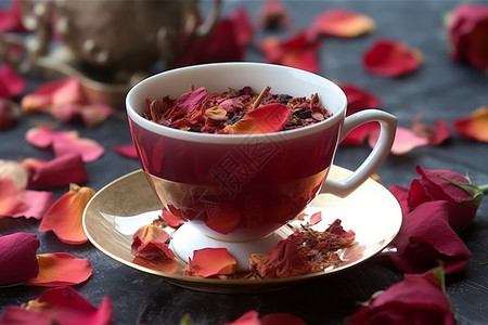 装满茶水茶杯玫瑰花和玫瑰花茶背景