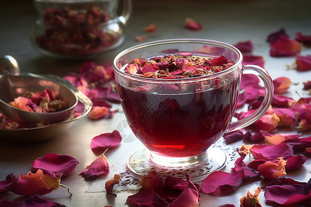 玫瑰花瓣和一杯花茶背景图片