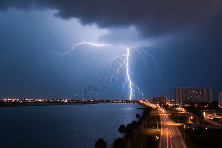 雷电城市打雷闪电的城市上空背景