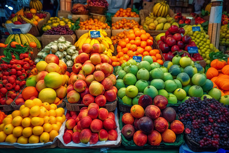 许多桃子市场上的五颜六色的水果背景