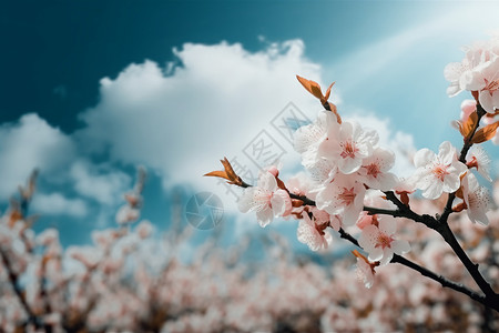 桃花纷飞落满天蓝色天空下盛开的桃花背景
