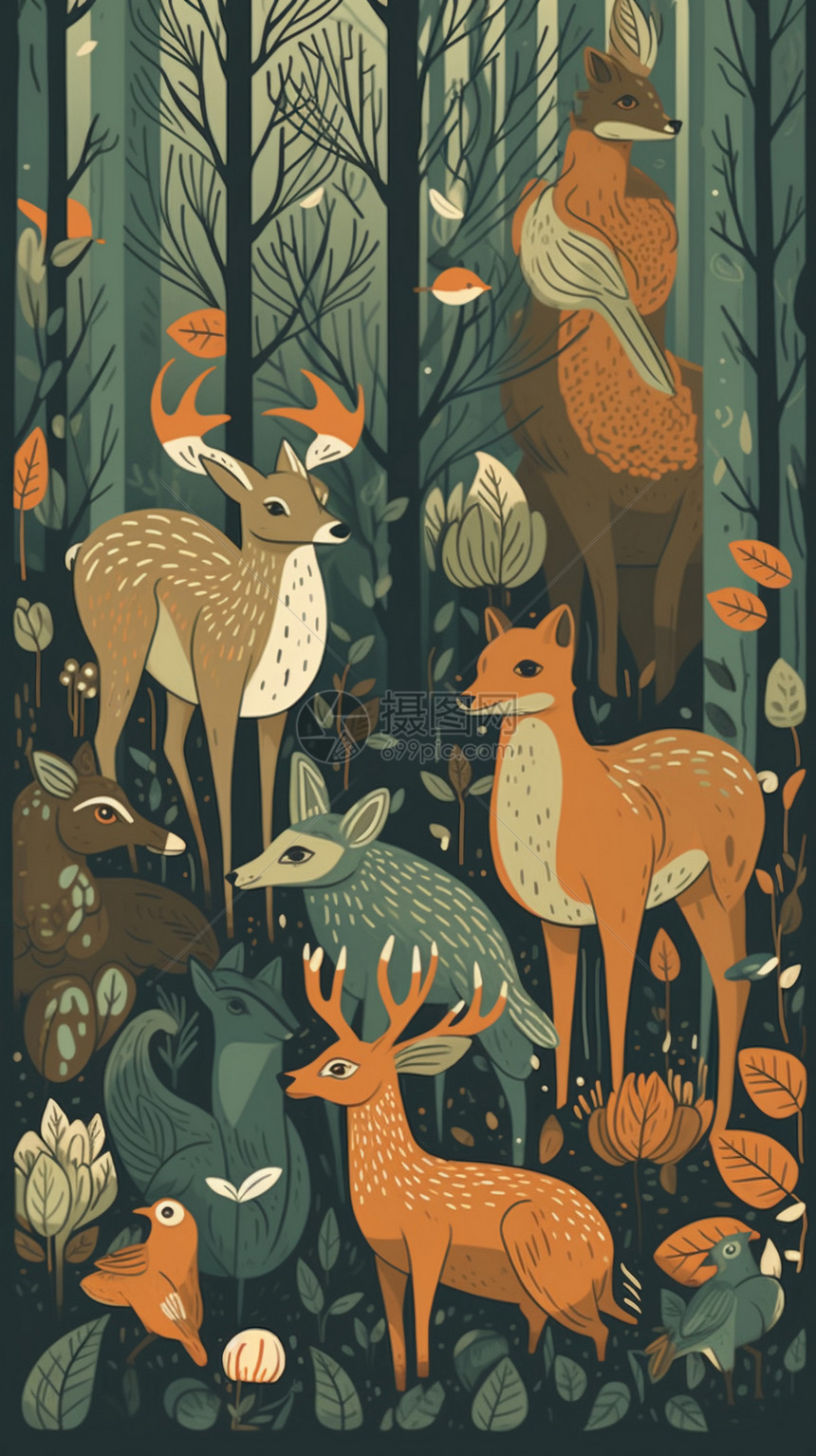 森林鹿狐狸猫头鹰插画图片