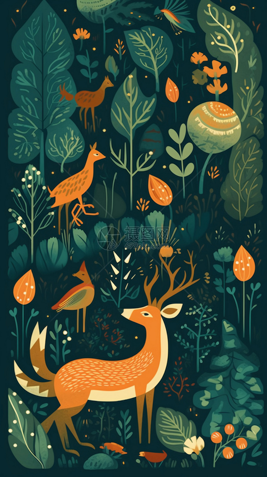 森林鹿狐狸插画图片
