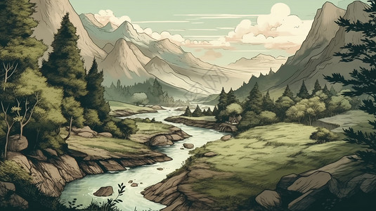 高山流水森林水墨插画背景图片