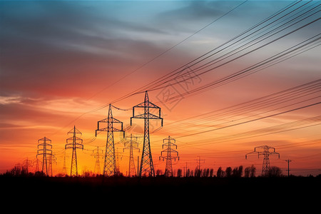 日落下城市的高压电线杆背景图片