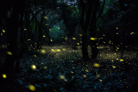 夜晚森林里发光的萤火虫背景图片