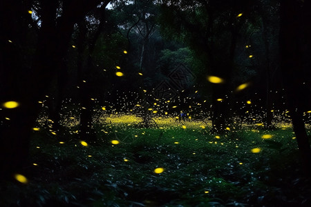 萤火虫森林夜晚森林里飞行的萤火虫背景