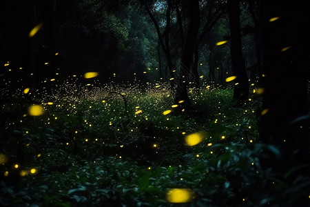 夜晚森林里的萤火虫背景图片