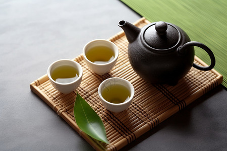 桌子上的茶壶和茶杯高清图片