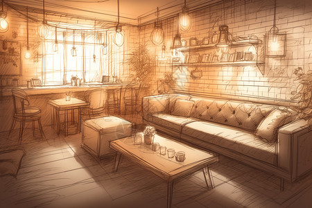 咖啡厅室内背景素描背景图片