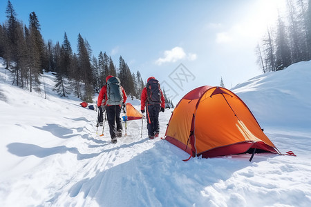 雪地徒步冬季在外露营背景