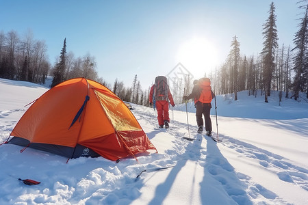 雪地徒步雪地里的帐篷背景
