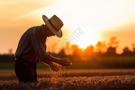 蹲着干活农民老人在田间撒种子背景