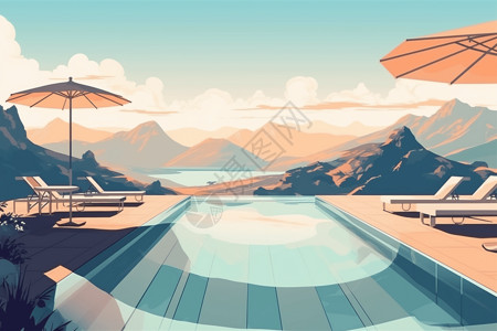 城山峰度假风格的游泳池插画