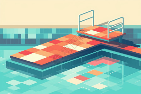 泳池扶手复古跳水板的游泳池插画