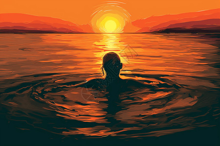太阳落山时游泳的人图片