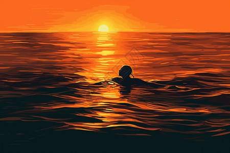 太阳下山时太阳落山时游泳插画