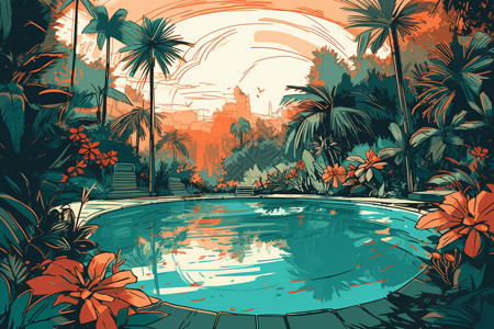 热带游泳池插图背景图片