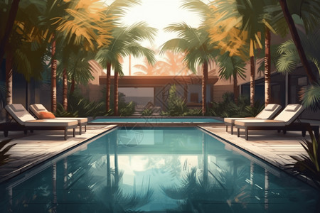 带棕榈树的酒店泳池图片