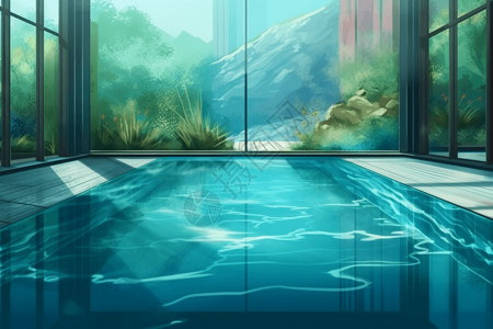 蓝色玻璃墙的泳池背景图片